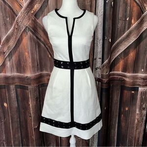 Karen Millen NWT White Sleeveless Dress Black Waist/Hem Laced W/Metal Grommets 2